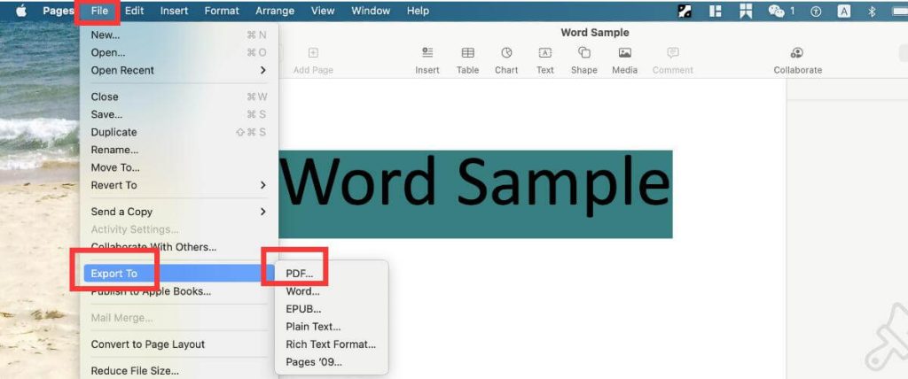Steps to Export Word to PDF in Pages