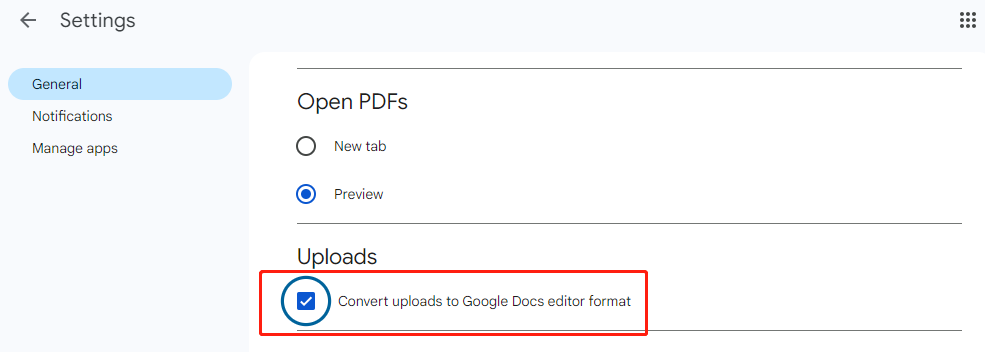 Check Convert Uploads Files to Google Docs Editor Format