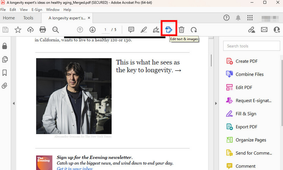 Choose Edit text & images in Acrobat Pro