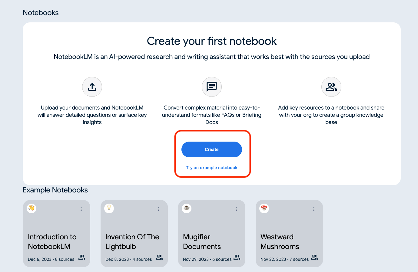Click Create to Start Your First Notebook
