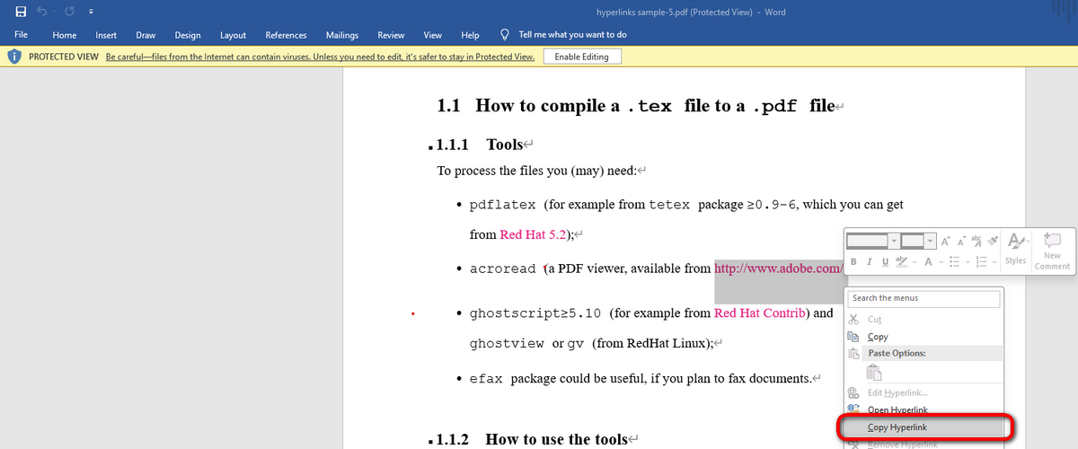 Copy PDF Links in Microsoft Word