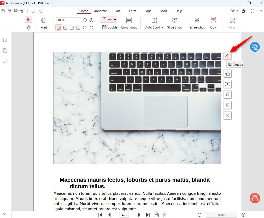 Edit Image Option in PDFgear
