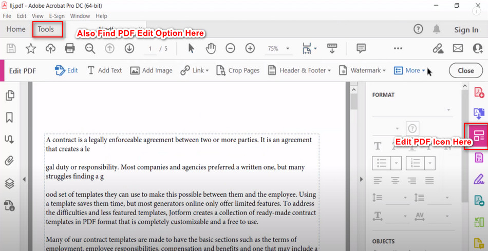 Edit PDF Tool in Acrobat
