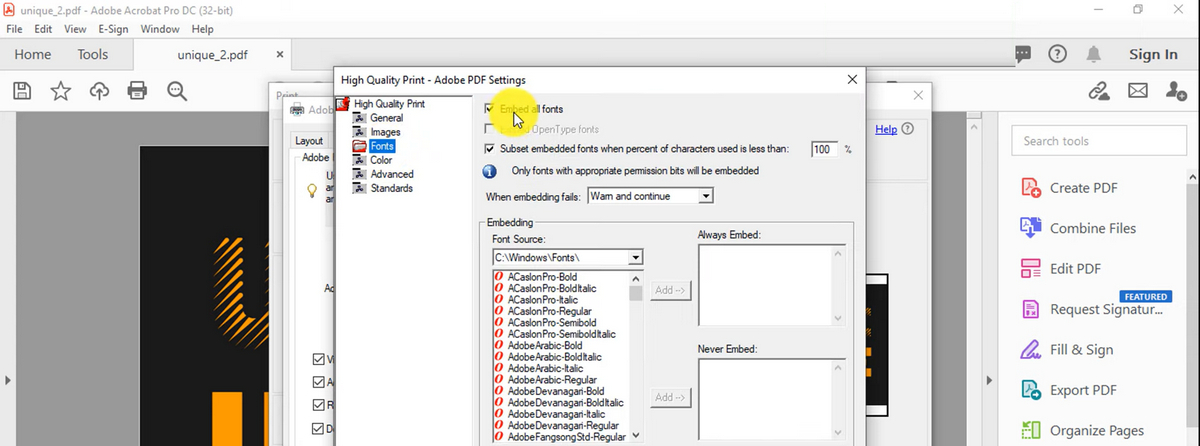 Embed Font in PDF Using Acrobat