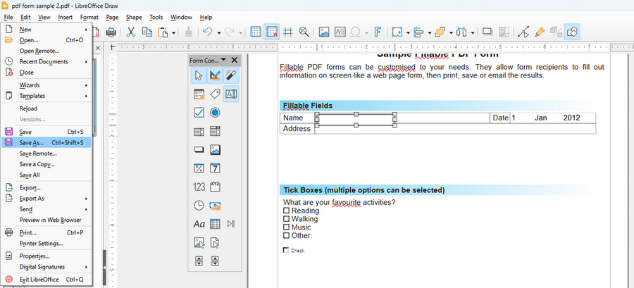 Export Fillable Form in LibreOffice