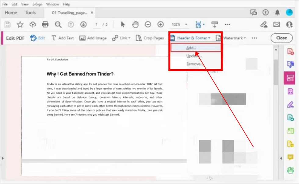 Locate the Add Header & Footer Function Button in Adobe Acrobat