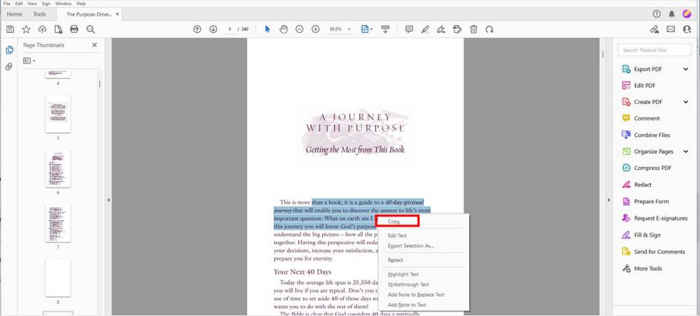Copy Text from PDF in Adobe Acrobat Pro