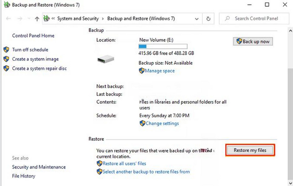 Click the "Restore my file" Button in Windows Backups