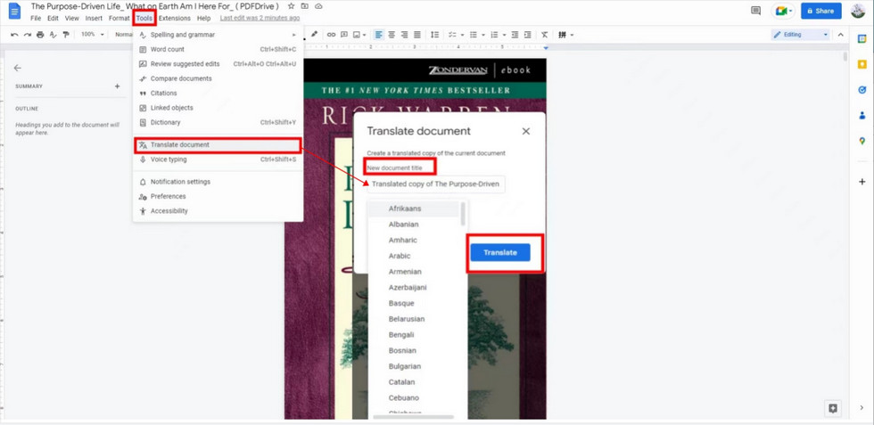 Translate PDF in Google Docs