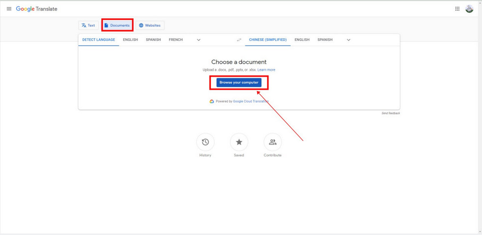 Import PDF to Google Translate
