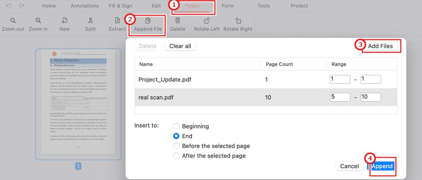 Insert Selected PDF Pages in PDFgear for Mac