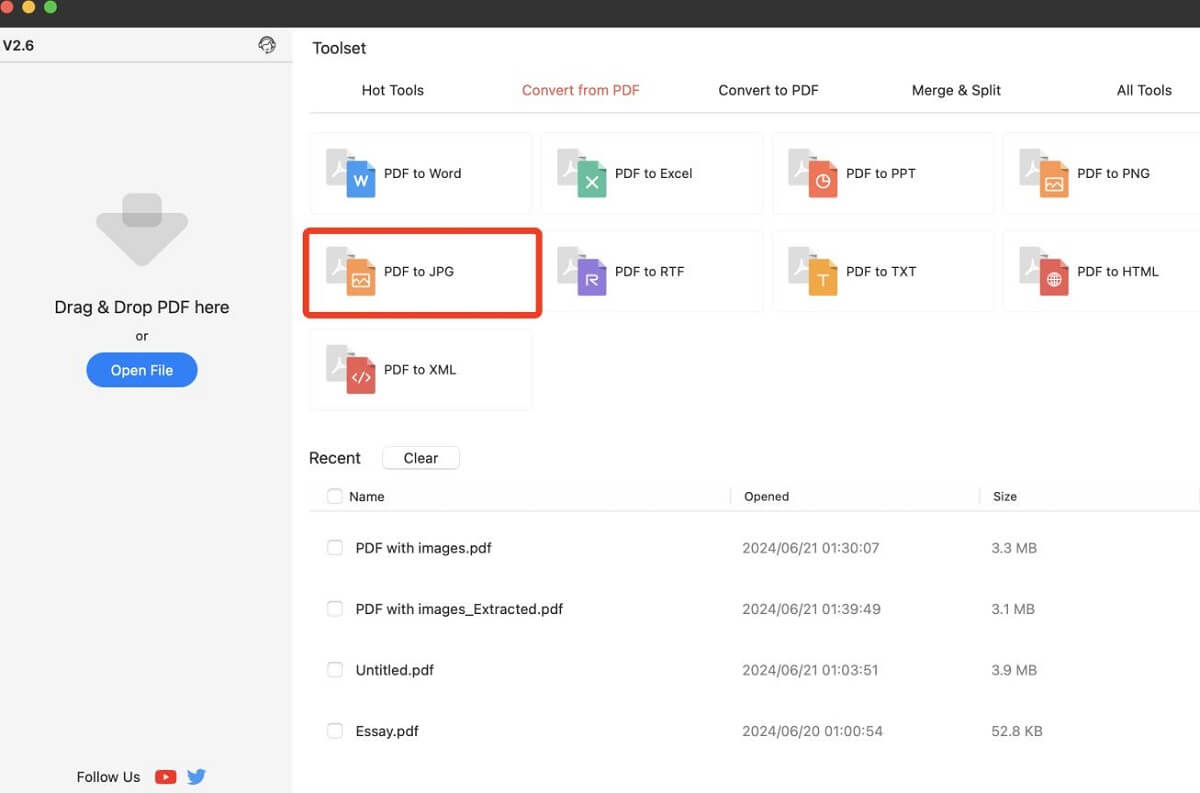 Locate PDF to JPG Tool in PDFgear