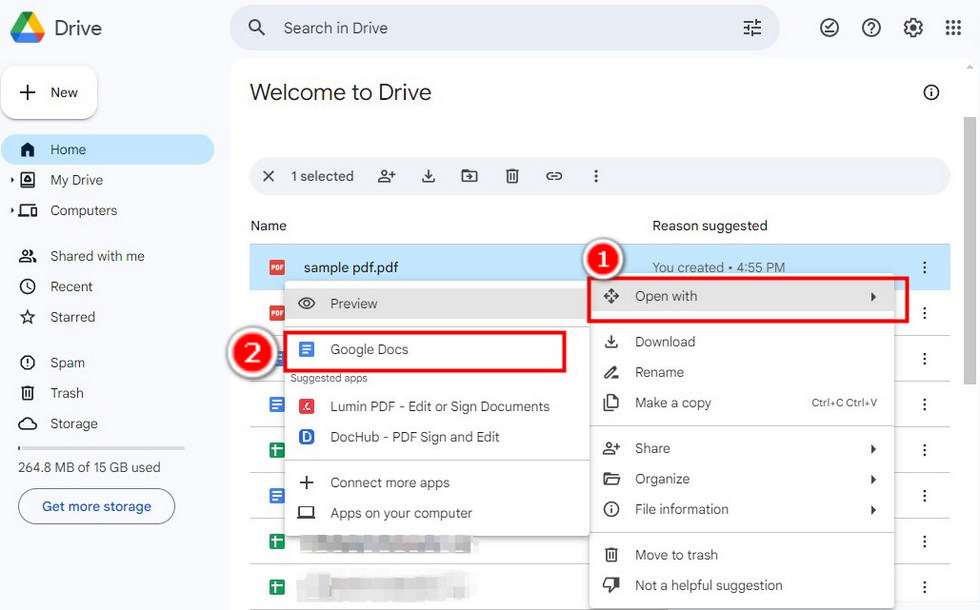 Open a PDF with Google Docs in Google Drive
