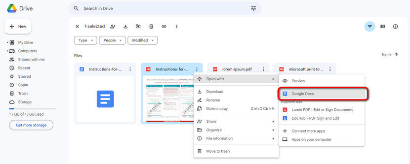 Open PDF with Google Docs in Google Drive