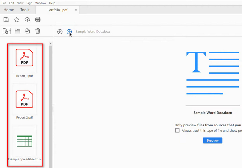 A PDF Portfolio with Files Thumbnails Appears on the Left