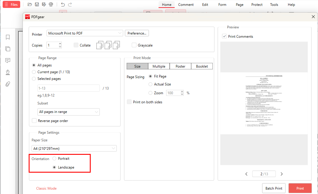 Change PDF to Landscape with Shortcut