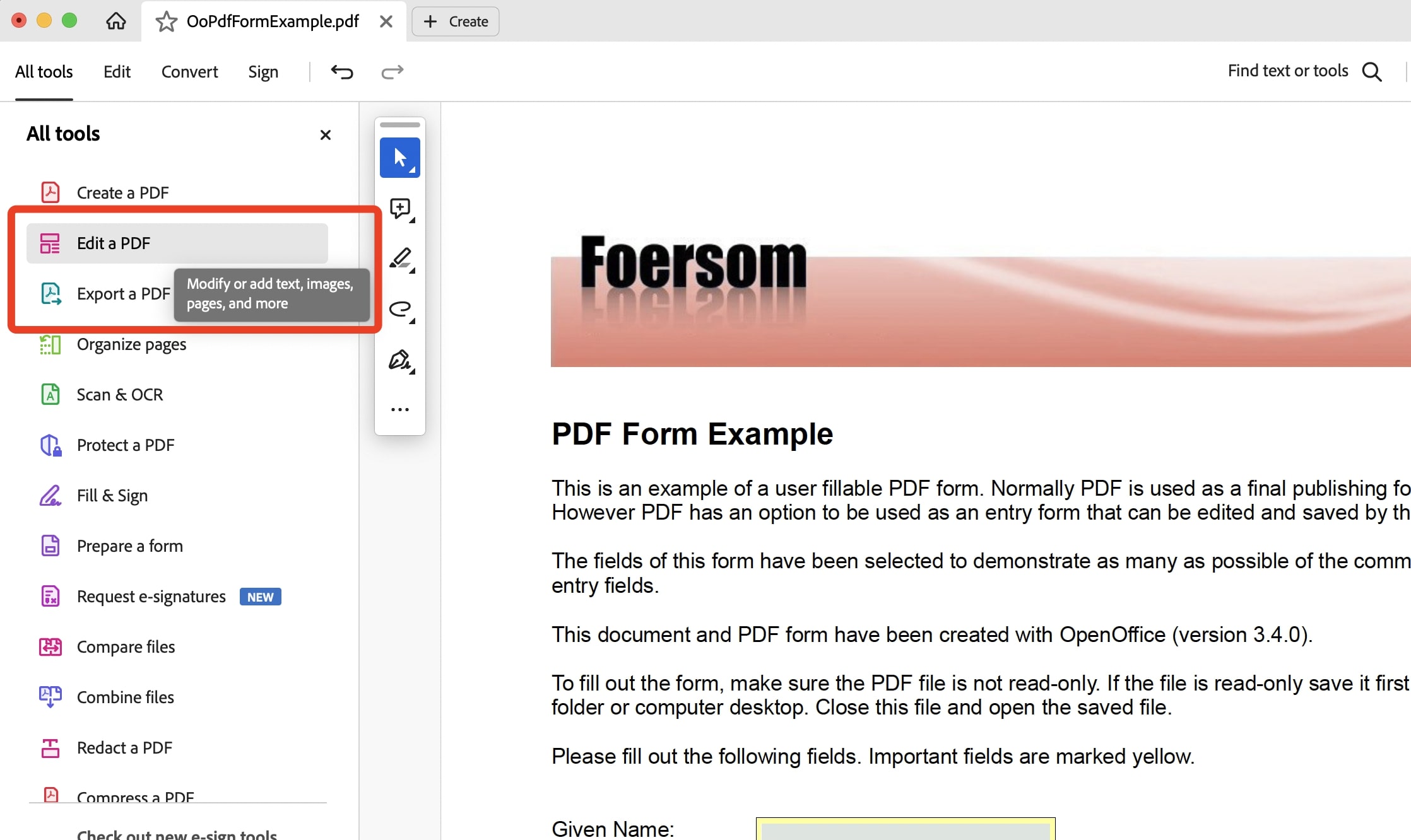 Select Edit a PDF Under Toolbar