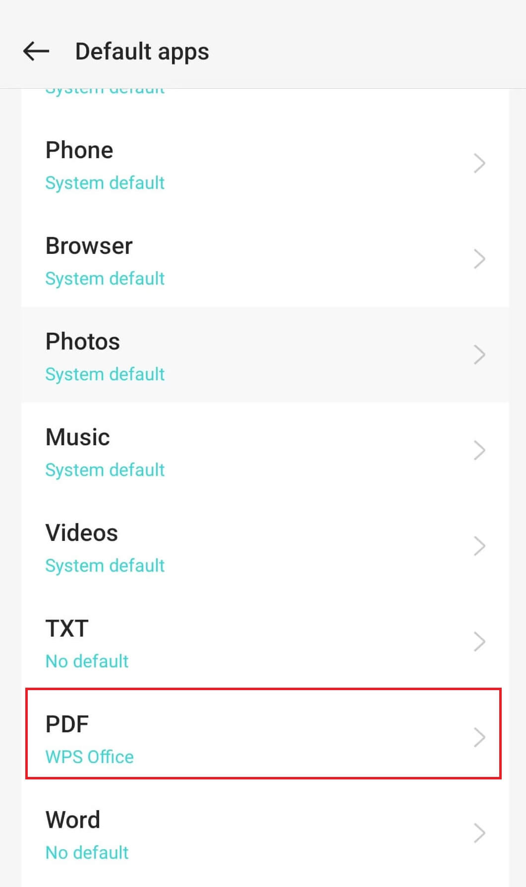 Select the PDF Option on the Default Apps Page
