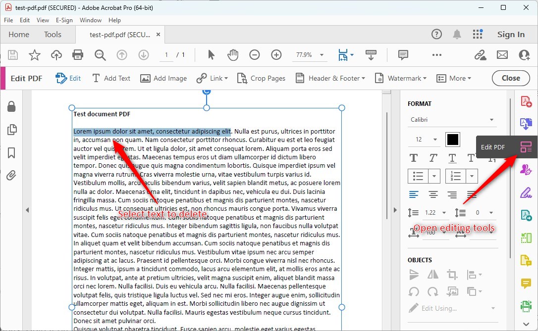 Select Text to Delete in Acrobat