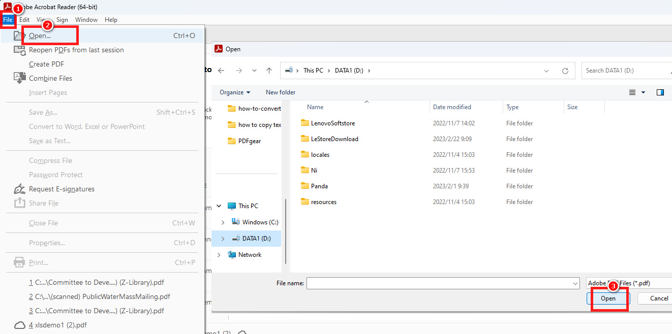 Open a PDF in Adobe Acrobat Reader