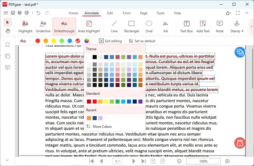 Strikethrough PDF in PDFgear