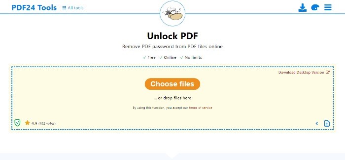 Unlock PDF interface of PDF24 tools