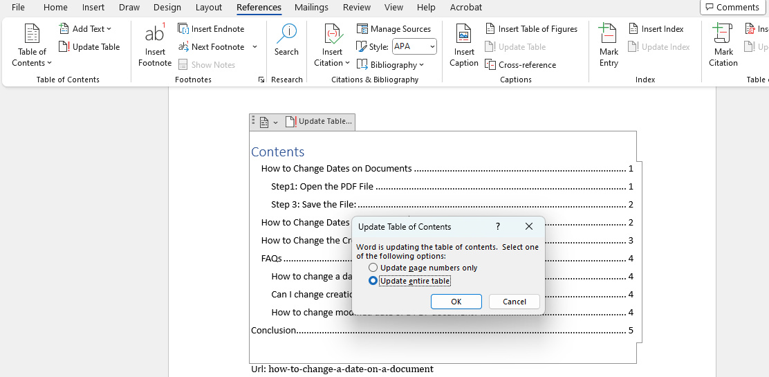 Update Table of Contents settings in Microsoft Word