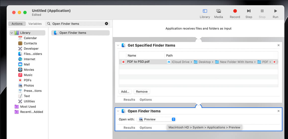 Add PDF to Actions in Automator