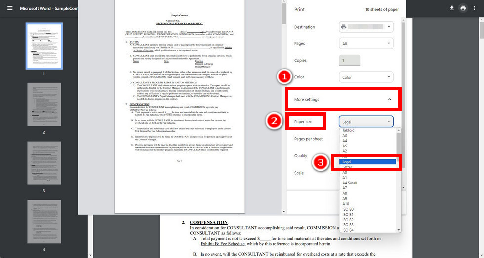 Choose Paper Size as Legal in Chrome