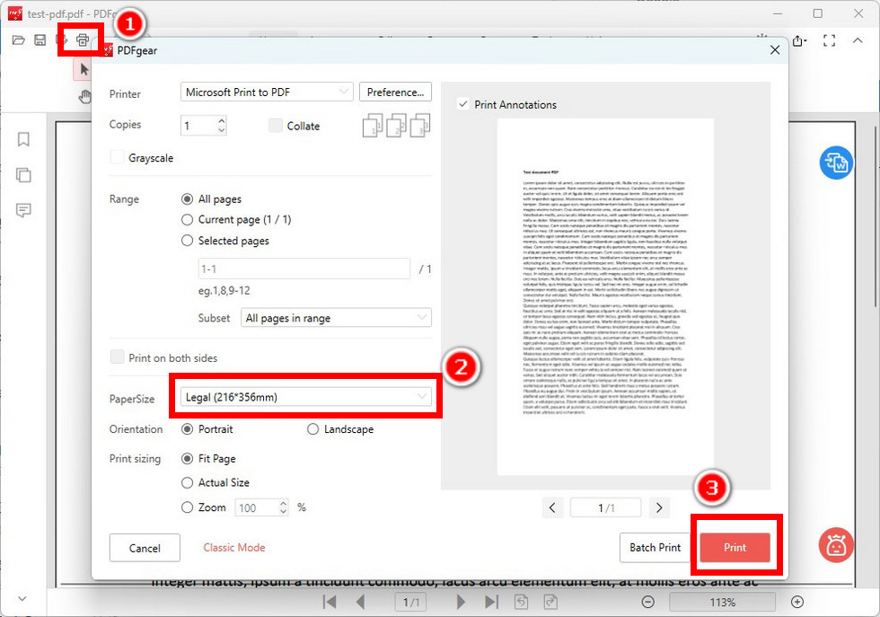 Set File Size to Legal and Print in PDFgear