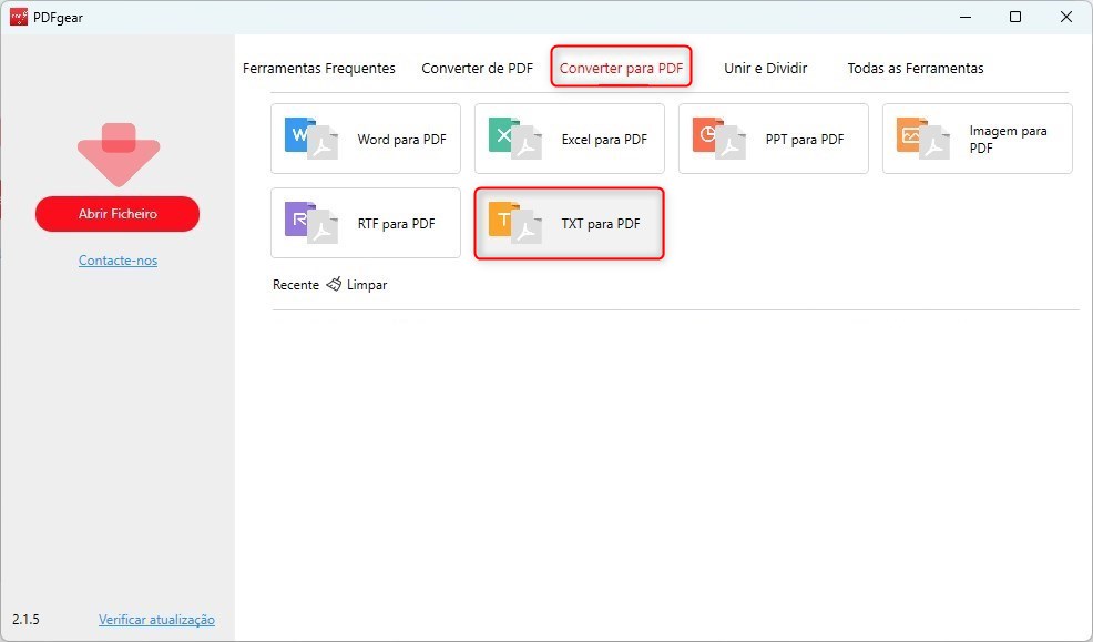Abrir o Conversor de TXT para PDF do PDFgear