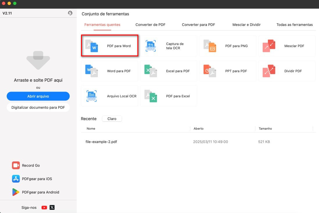 Abrir o Conversor PDF para Word no Mac