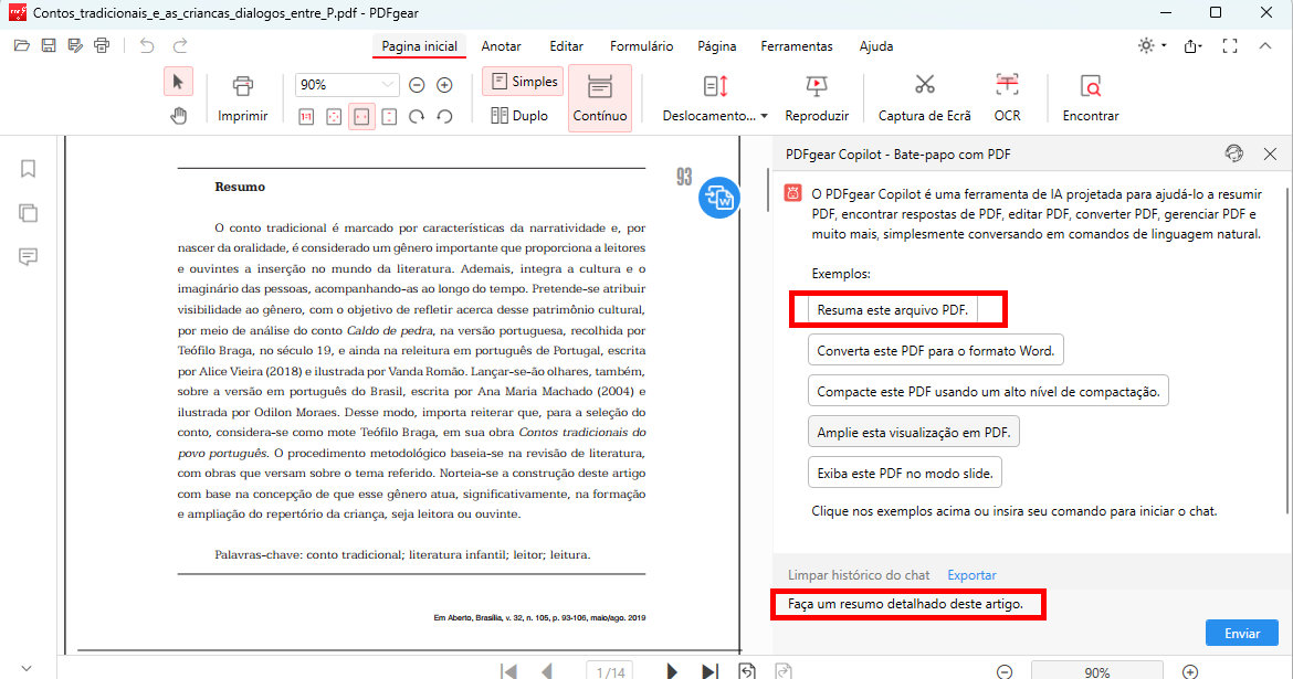 Obtenha o Resumo do Artigo pelo Chatbot PDFgear