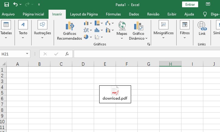 como inserir arquivo pdf no excel