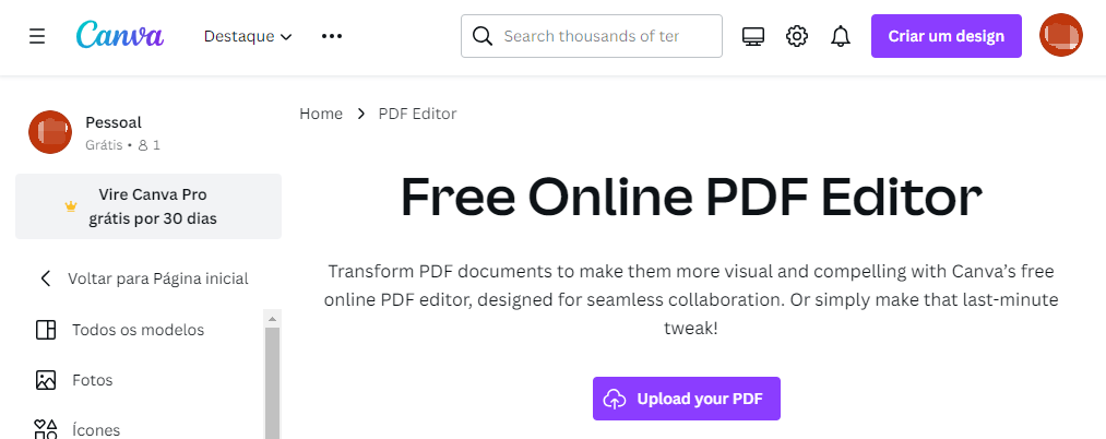 Carregar PDF no Canva