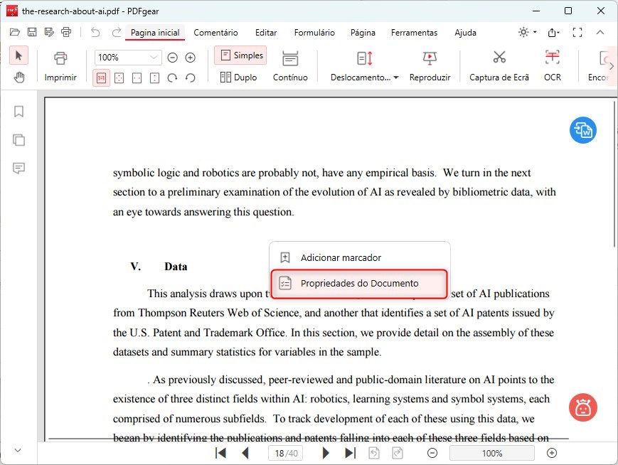 Clique em Propriedades do Documento