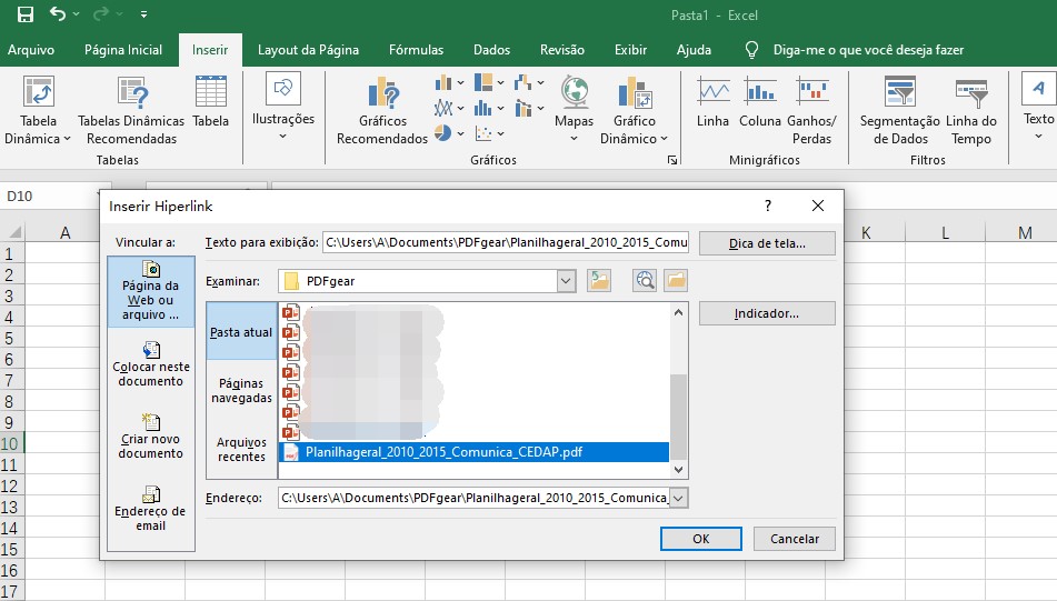 como inserir link de arquivo pdf no excel