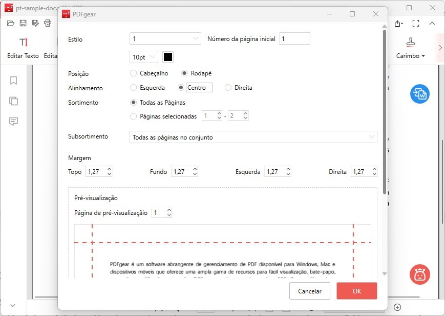 Definir Parâmetros de Números de Página 