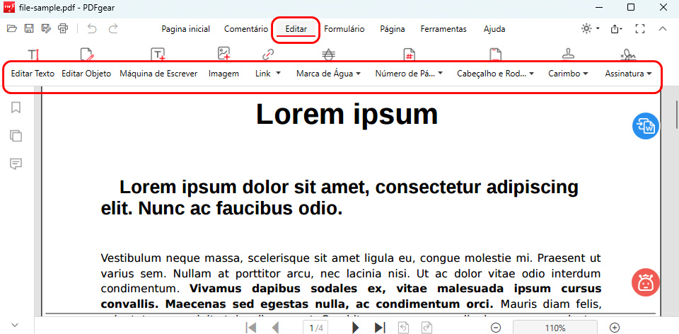 Menu de Edição no PDFgear