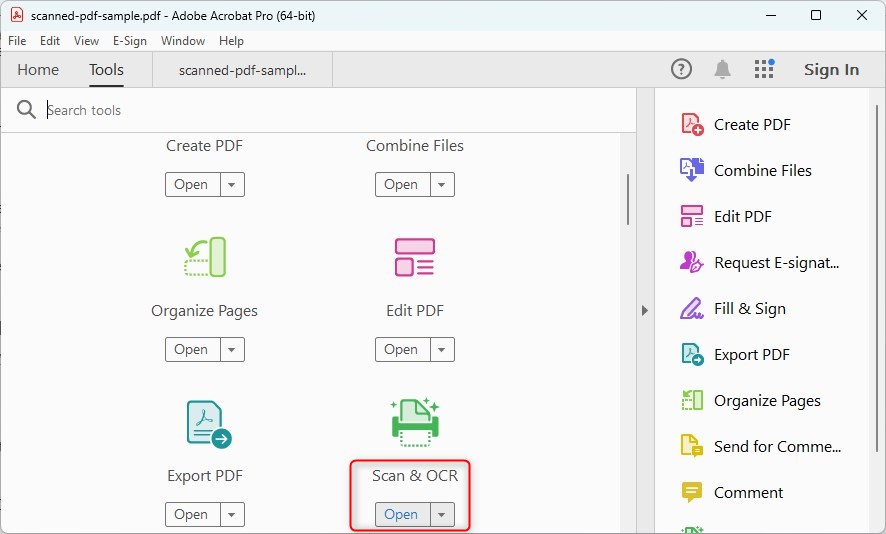 Abra a Ferramenta de OCR no Adobe