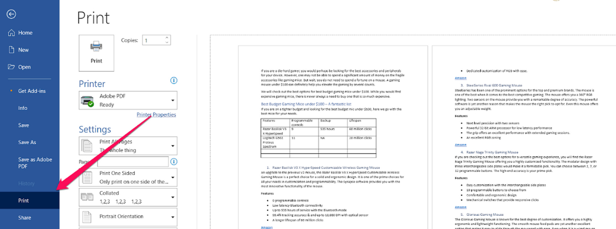 Ir para a função Imprimir no Word