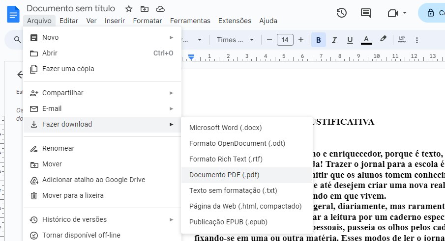 Salvar como PDF no Google Docs