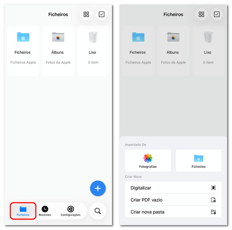 Aba Arquivos do PDFgear para iOS