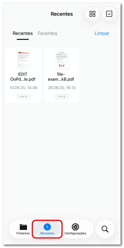 Aba Recentes do PDFgear para iOS