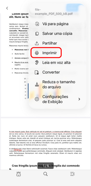 Abrir o menu da impressora no PDFgear para iOS