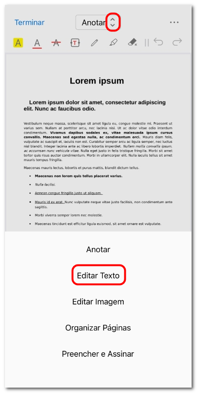 Abrir o modo de edição de texto