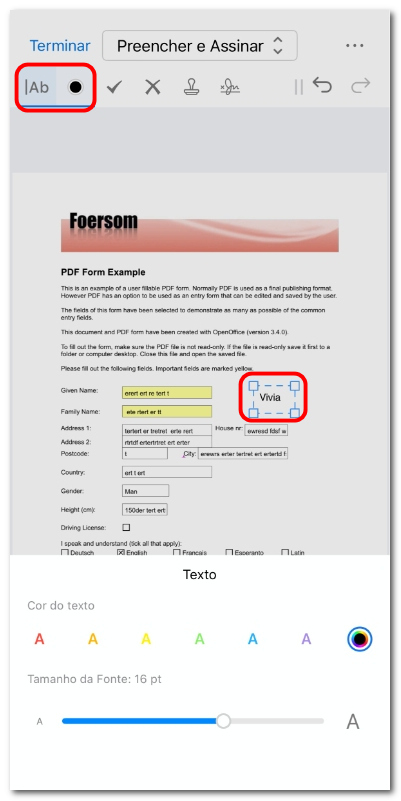 Adicionar texto ao formulário PDF