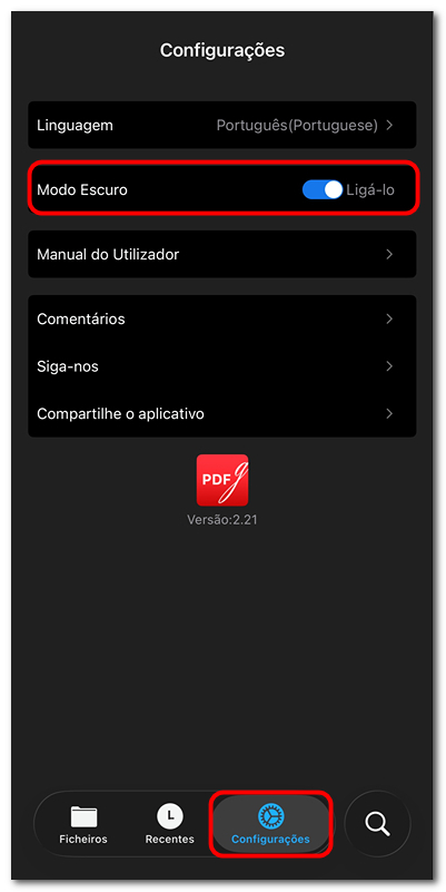 Ativar o Modo Escuro no PDFgear para iOS