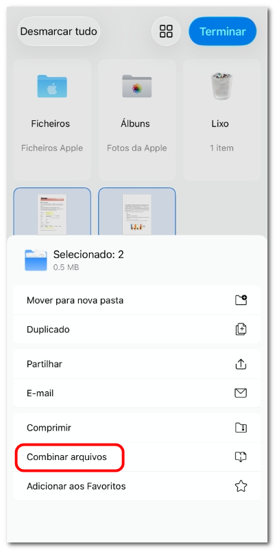 Combinar arquivos PDF no PDFgear para iOS