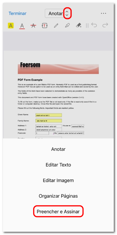 Entrar no modo de preencher e assinar